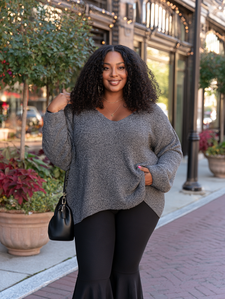 Plus-size woman wearing flare leggings with an oversized sweater